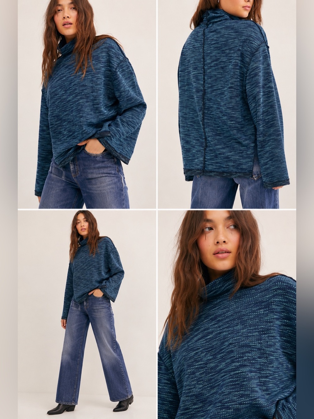 Free People We The Free Sunny Days Textured Knit Turtleneck Sweater Blue Small